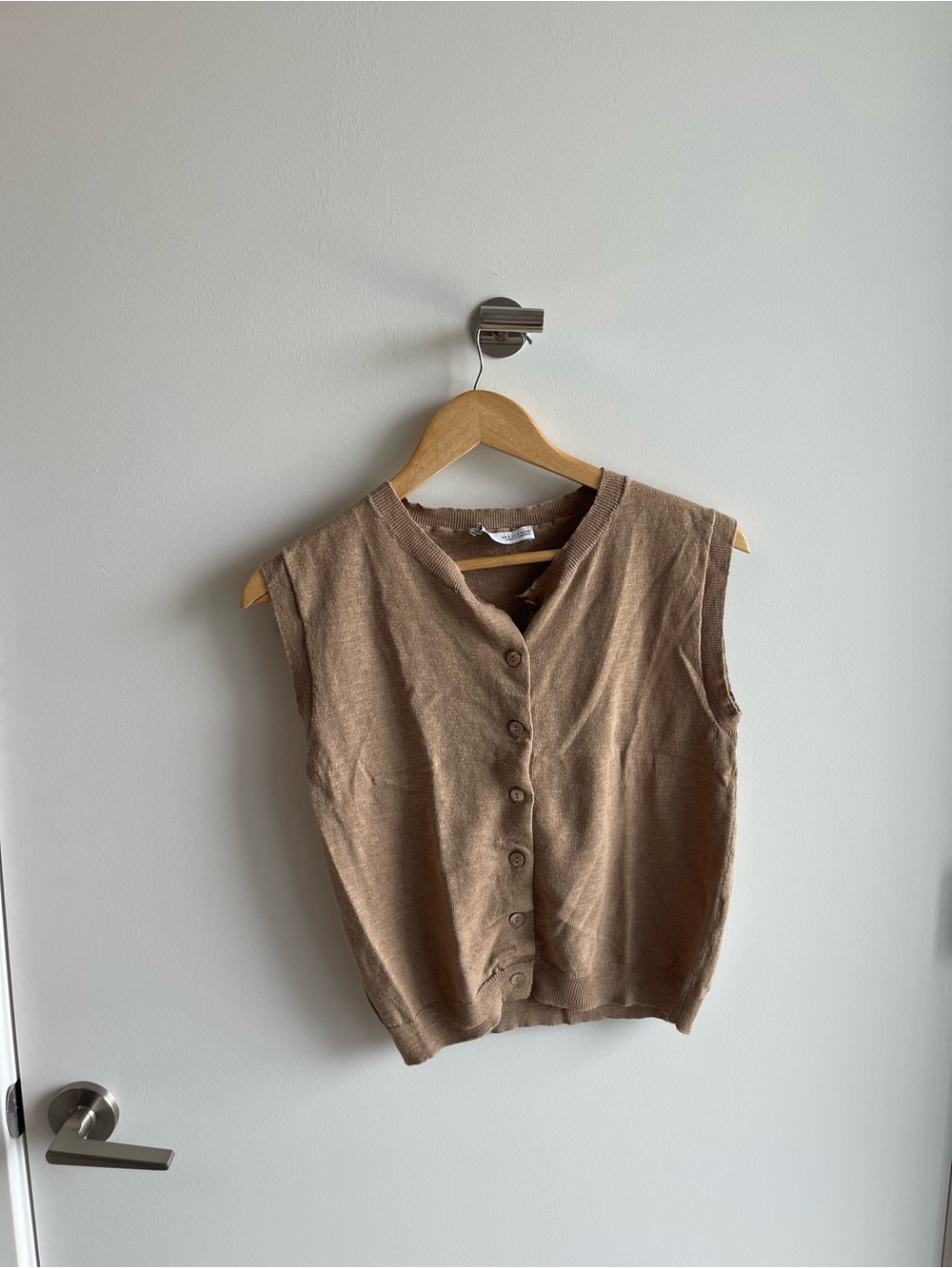 Zara Sleeveless Button-Front Knit Top in Light Brown